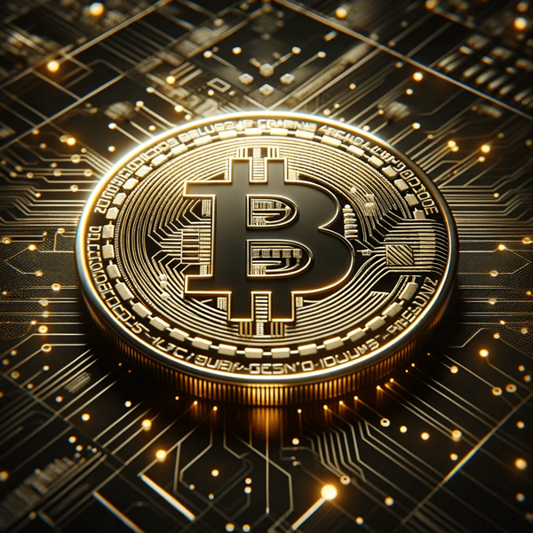 A digital representation of a Bitcoin featuring its iconic symbol with a gold and black color scheme. The image should have a futuristic and digital