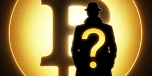 A mysterious silhouette with a large mark representing the anonymous creator Satoshi Nakamoto against the background of a large Bitcoin symbol