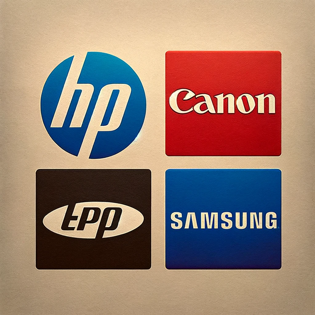 An image featuring the logos of four major printer companies HP Canon Epson and Samsung. The logos should be equally spaced and displayed prominen