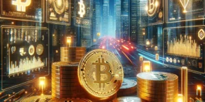 An intricate and high quality 3D image of Bitcoin related elements showcasing a digital landscape with golden Bitcoin coins scattered across a futuri