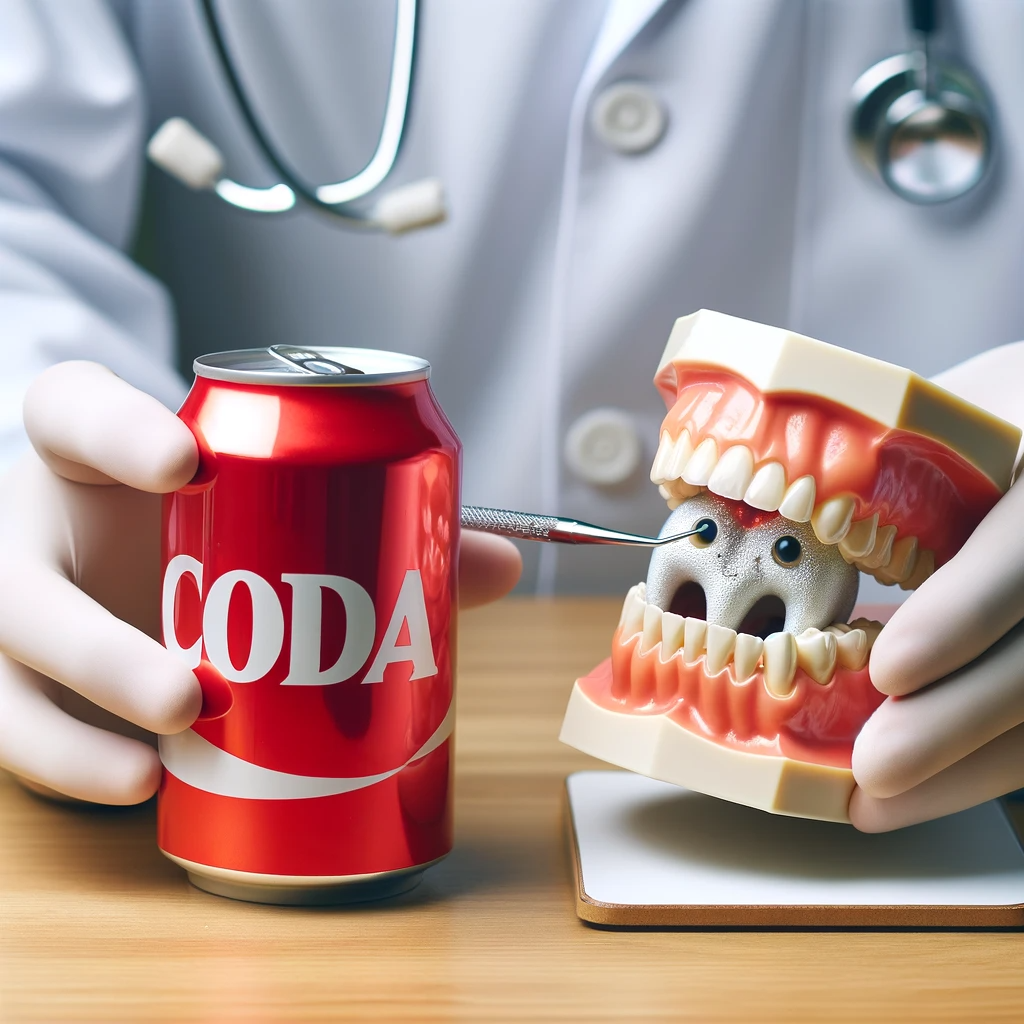 DALL·E 2023 11 11 05.19.19 A dentist showing the negative effects of soda on teeth using a dental model and a soda can for demonstration