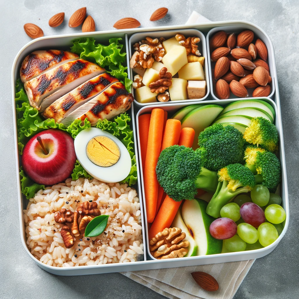 DALL·E 2023 11 14 12.42.48 A balanced and healthy lunchbox for a student taking an important exam featuring grilled chicken breast boiled eggs brown rice a variety of vegeta