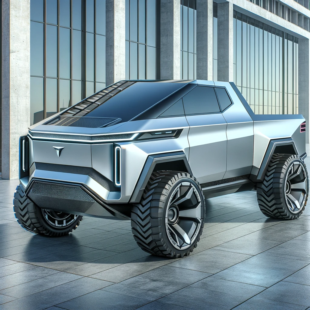 DALL·E 2023 12 01 22.29.53 A futuristic and robust looking electric pickup truck with a unique angular design featuring a metallic silver body. It has large all terrain tires