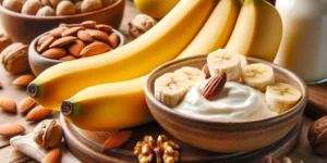 A bunch of ripe bananas next to a half cut banana on a wooden table surrounded by a variety of nuts like almonds walnuts and some Greek yogurt in a