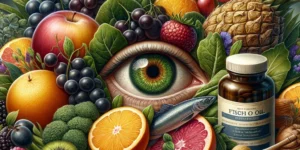 A detailed and high resolution illustration depicting a variety of foods and supplements beneficial for eye health. The scene includes a diverse array