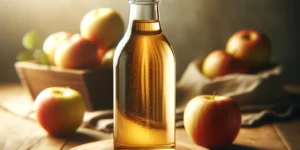 A high quality photograph of a glass bottle of apple cider vinegar placed on a wooden table. The bottle is clear allowing the golden liquid of the ap