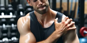 A man experiencing muscle soreness after a weight training session depicted in a gym setting. He is holding his shoulder or arm showing a mild expre
