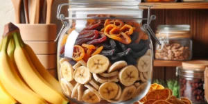 A variety of dried fruits including dried bananas displayed in an elegant glass jar on a kitchen shelf emphasizing the concept of healthy snacking
