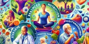 A vibrant collage showcasing six key habits for maintaining health and improving quality of life regular exercise balanced nutrition adequate sleep