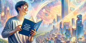 A vibrant detailed illustration of a young Korean person joyfully reviewing their financial savings in a dreamy futuristic cityscape symbolizing ho