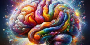 An artistic representation of the human brain showcasing its complexity and beauty. The brain is depicted with vibrant colors to highlight different