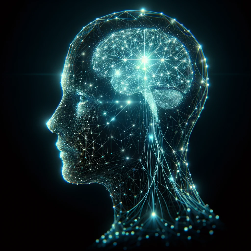 An illustration of artificial intelligence in action featuring a network of glowing neural connections in a humanoid head silhouette against a dark b