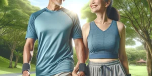 An image depicting a vibrant and active middle aged Asian couple walking in a lush park holding hands and smiling. They are dressed in comfortable sp
