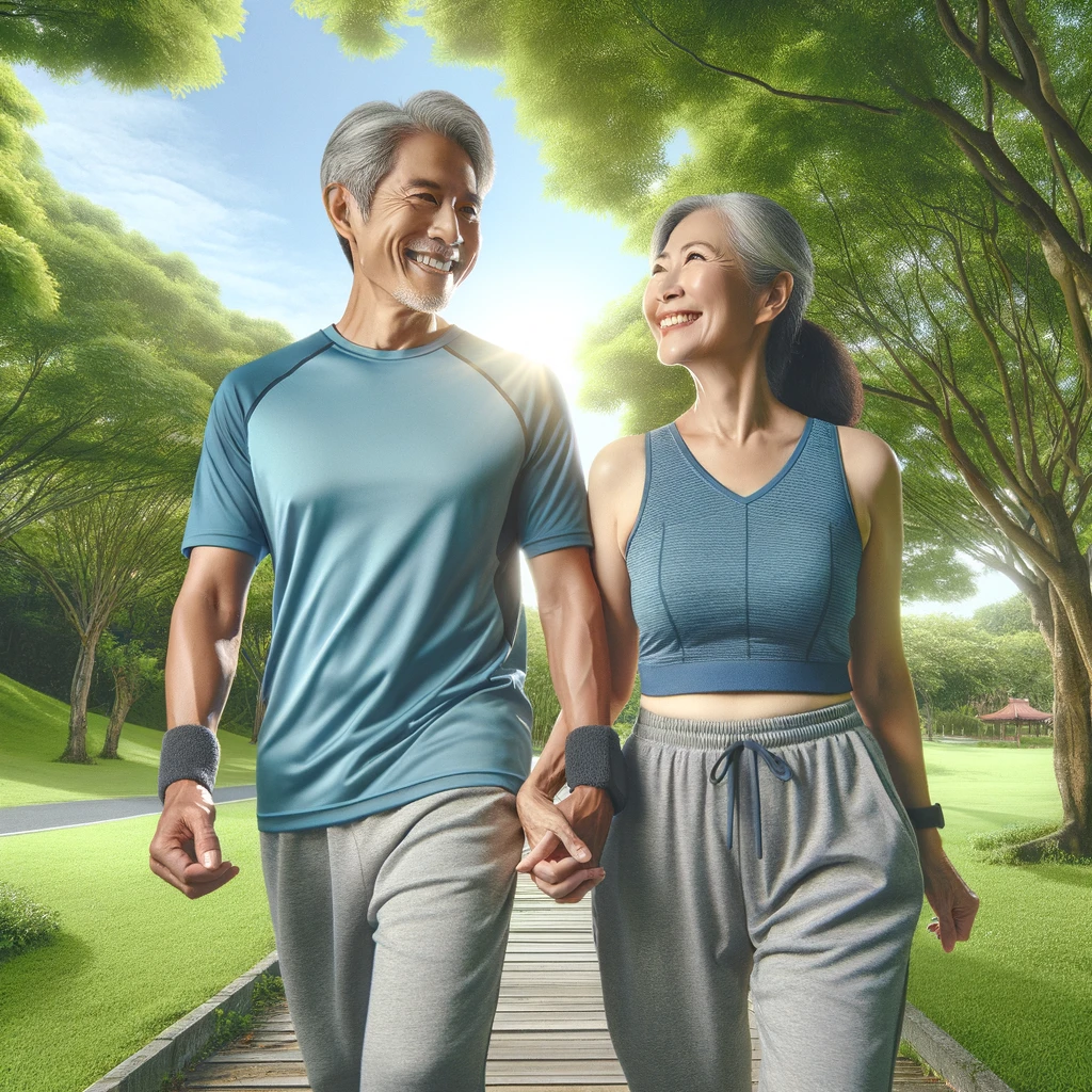 An image depicting a vibrant and active middle aged Asian couple walking in a lush park holding hands and smiling. They are dressed in comfortable sp