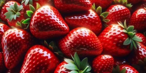 An image featuring an abundant display of succulent glossy and fresh strawberries that look tempting and delicious. The strawberries are arranged in