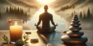 An image that captures the essence of stress management featuring a serene landscape as the backdrop. In the foreground a person sits in a meditativ