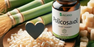 A bottle of Policosanol supplements next to a pile of sugarcane with a heart symbol to represent heart health. The scene is set on a wooden table su