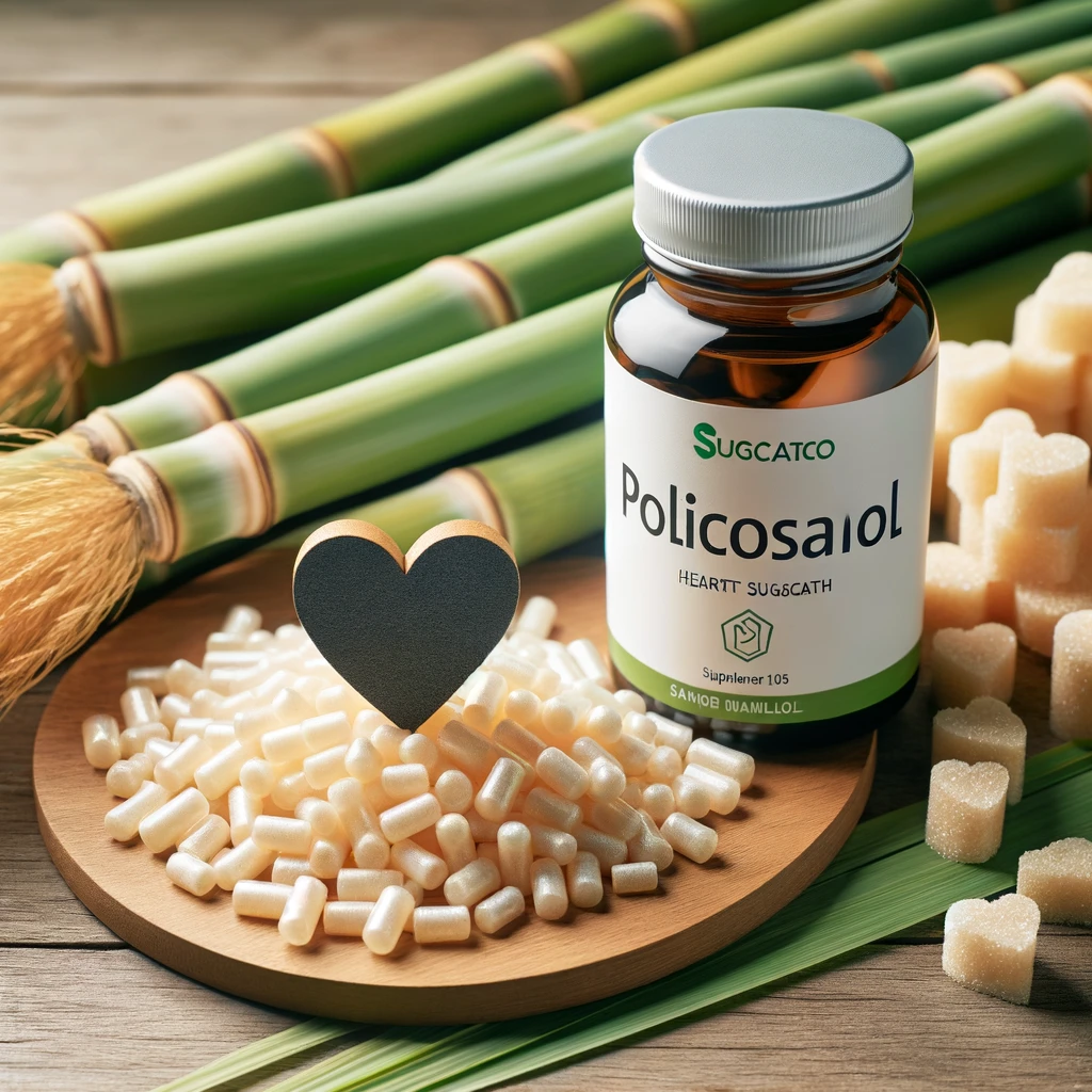 A bottle of Policosanol supplements next to a pile of sugarcane with a heart symbol to represent heart health. The scene is set on a wooden table su