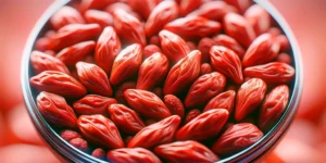 A high quality three dimensional image of goji berries showcasing the rich vibrant red color and detailed texture. The berries are up close with a