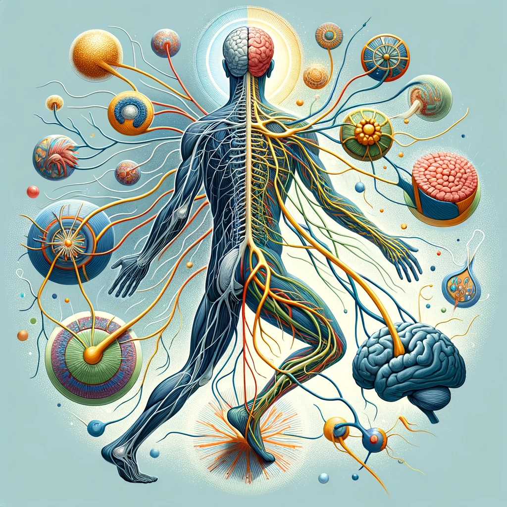 Create a comprehensive and dynamic illustration that combines both the central and peripheral nervous systems in a single image. This illustration sho