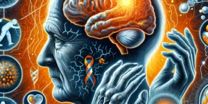 Create a comprehensive and dynamic illustration that visually represents Parkinsons Disease including aspects such as the brain with highlighted are