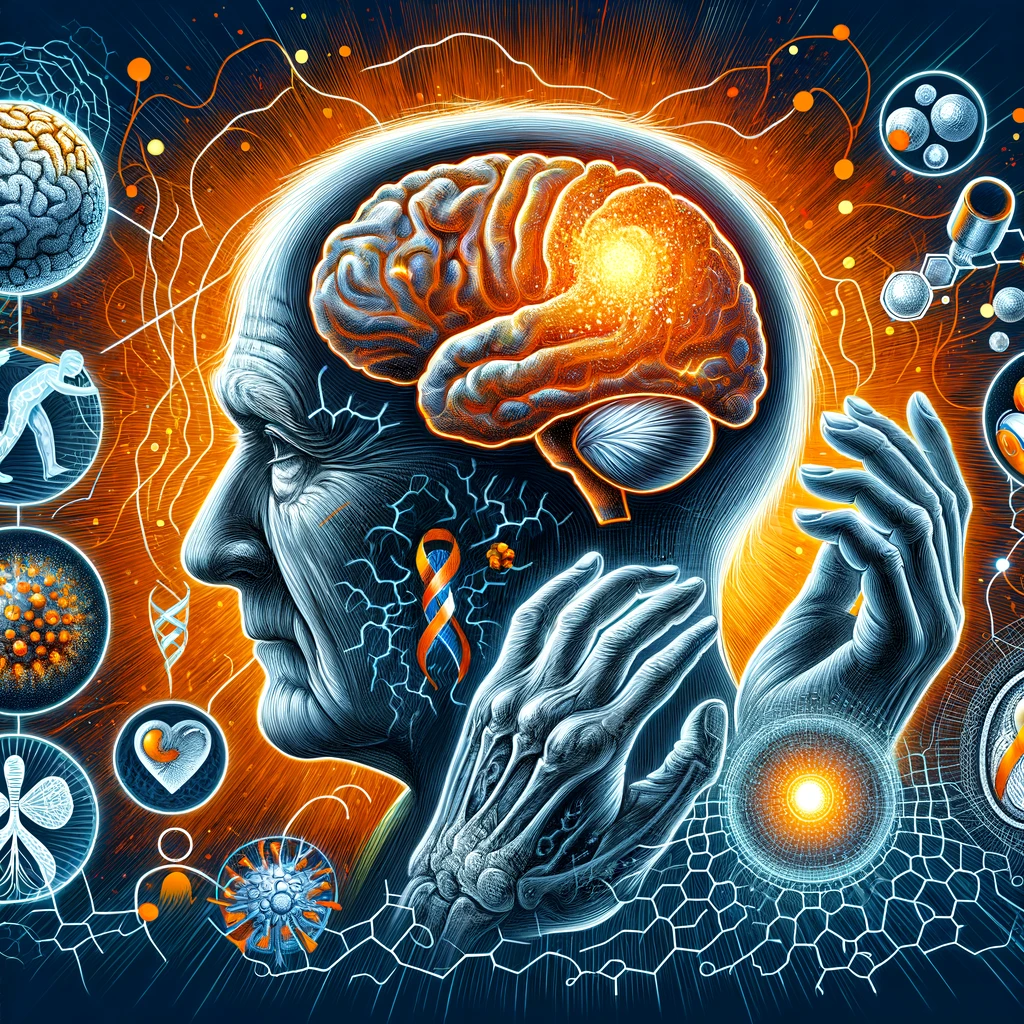 Create a comprehensive and dynamic illustration that visually represents Parkinsons Disease including aspects such as the brain with highlighted are