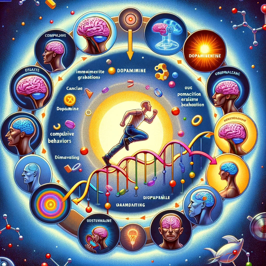 Create a high quality and dynamic illustration that captures the essence of dopamine addiction and its effects on human behavior and well being. The i