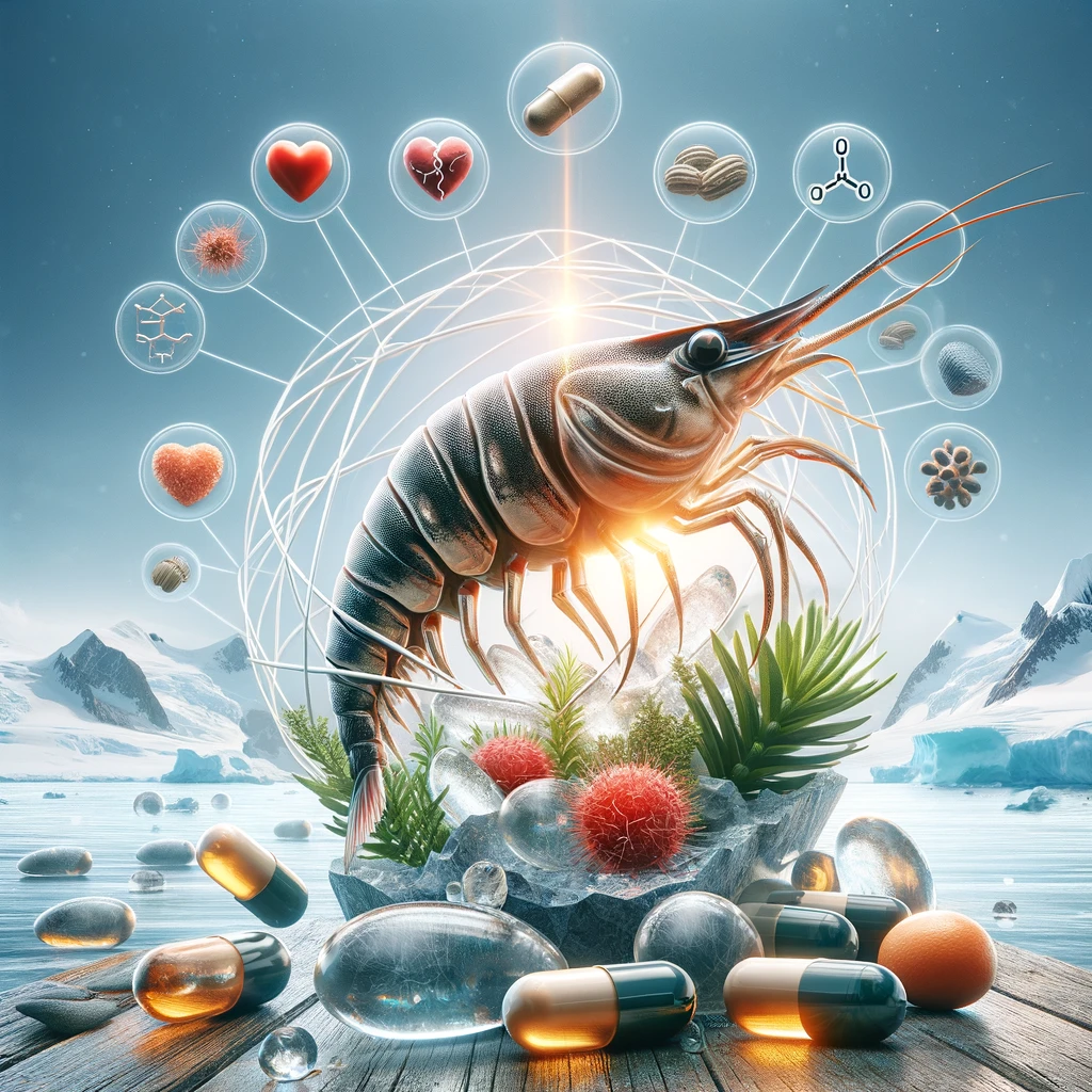 Create a high quality three dimensional image that visually represents the benefits of krill oil incorporating dietary supplements. The image should
