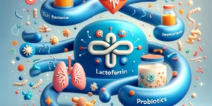 Create a high quality three dimensional image that visually represents the synergistic relationship between lactoferrin and probiotics. The image sho