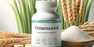 DALL·E 2024 03 02 21.11.34 A health supplement bottle labeled Octacosanol surrounded by wheat germ and sugarcane symbolizing the natural sources of Octacosanol. The scene is