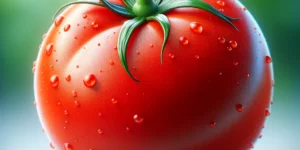 DALL·E 2024 03 27 10.58.19 A high quality three dimensional image of a fresh tomato with a focus on the stem area showcasing its vibrant red color shiny surface and juicy te