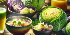 A vibrant high quality image showcasing a variety of cabbage dishes including a steaming bowl of cabbage soup a glass of fresh cabbage juice and a