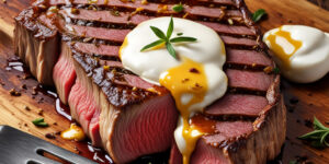 mozzarella cheese dripping down a perfectly grilled steak displaying mouthwatering textures color